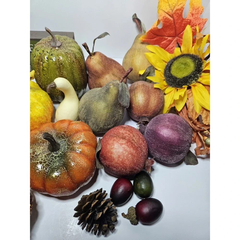Huge Fall Decor Lot Faux Pumpkins Sunflower Fruit Grateful Sign Gourd Pinecone